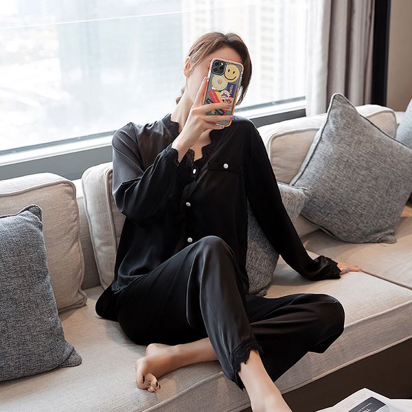 

summer new pajamas suit women 2pcs shirt&pants satin nightwear home clothes casual intimate lingerie sleepwear soft pijamas, Black;red