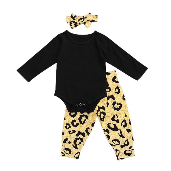 

3pcs set newborn baby boy girl long sleeve cotton bodysuit leopard long pant headband baby clothes, White