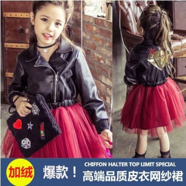 

clothing children's drs leather girls' korean 2020 wear sequin embroidery lapel locomotive sle guff guff, Red;yellow