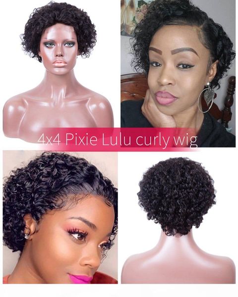 

lulu curl virgin human hair human hair wig selling pixie curl human hair lace wig lace size 4by4, Black;brown