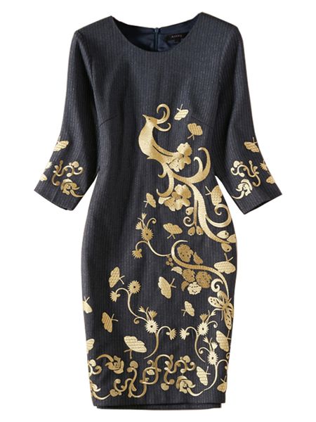 

vintage embroidery women sheath dress o-neck party dresses, White;black