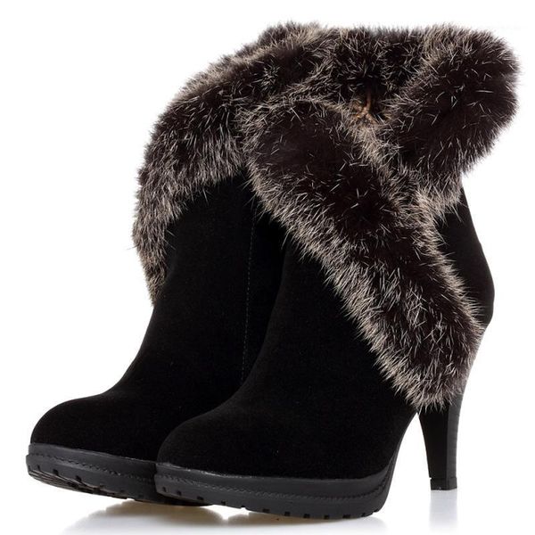 

boots winter womens fashion faux fur trim women high with heels snow1, Black