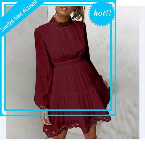 

stylish lantern long mouwen hollow out effen color dress for women reclaim vestidos elegant female clothing, Black