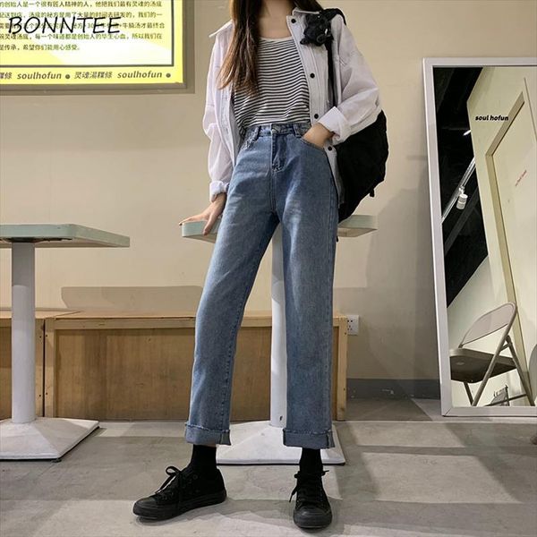 

jeans women blue trendy elegant straight high waist ladies daily korean style casual all match womens ankle length trousers new
