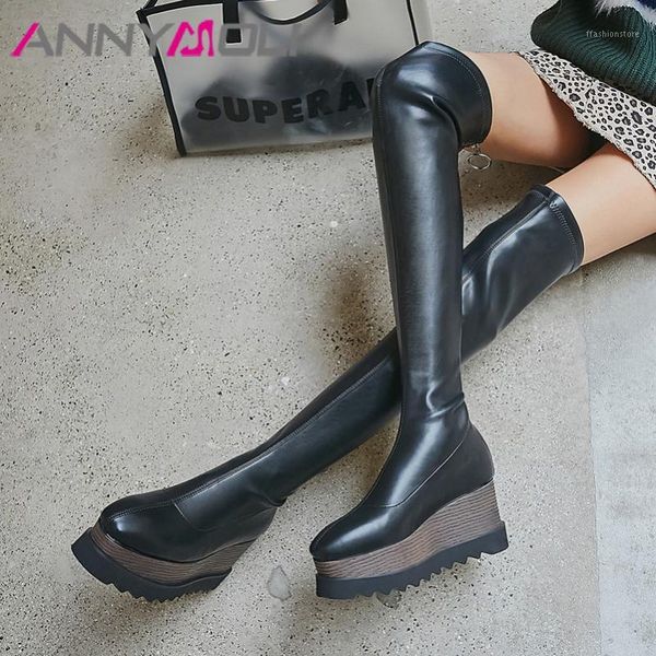 

boots annymoli winter thigh high women zipper platform wedge heel over the knee slim shoes lady autumn size 3-101, Black