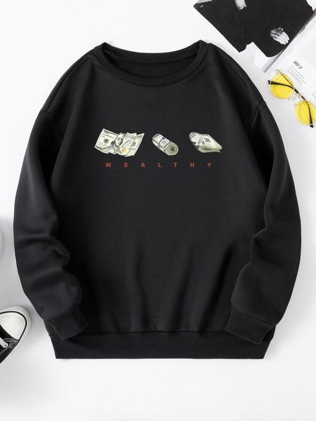 

letter & money print thermal lined sweatshirt 35py#, White;black