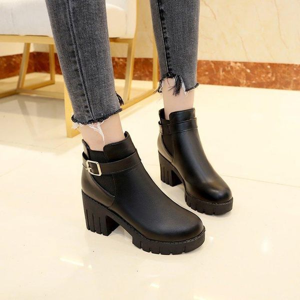 

winter casual women pumps warm ankle boots waterproof high heels snow shoes motorcycle 2020, Black