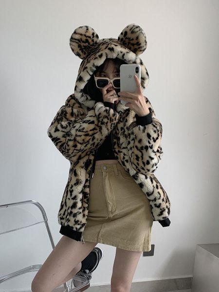 

women's fur & faux 2021 womens leopard hooded cute ears hood coat thick warm outwear, Black