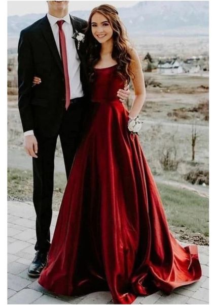 

2020 new dark red elegant a line spaghetti straps ruched satin prom dresses with pockets ruched vestido de noch evening gowns sweep train, Black;red