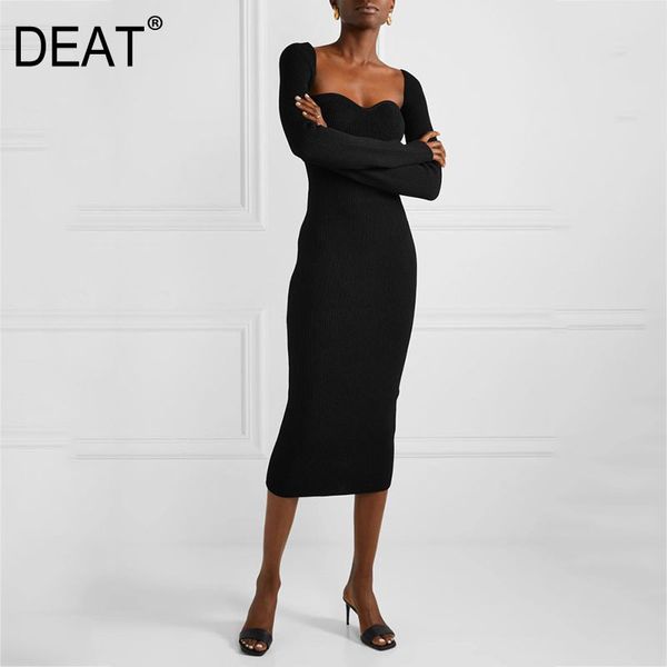 

deat 2020 new spring and winter sqaure collar flare sleeves knitting slim pullover long knits dress female lj201114, Black;gray