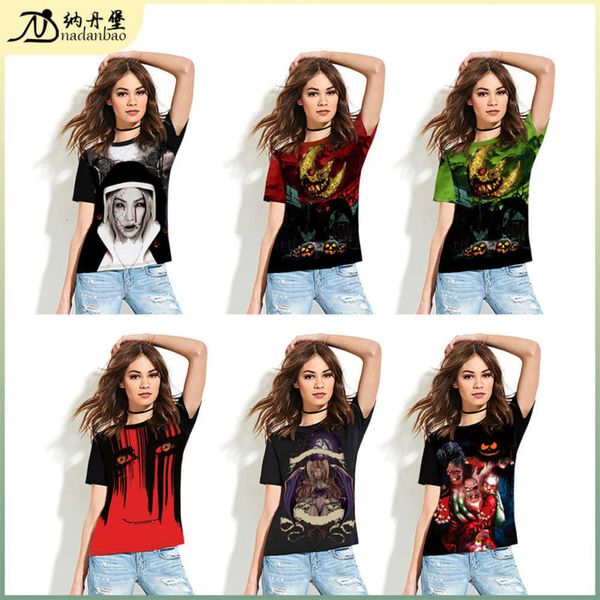 

women's 2020 digital halloween print new loose t-shirt, Black;gray