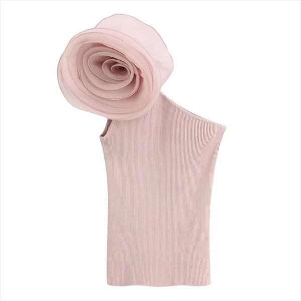 

new 2020 women organza flower decoration asymmetrical knitted shirt chic lady sleeveless thin slim blouses femininas lx653, White