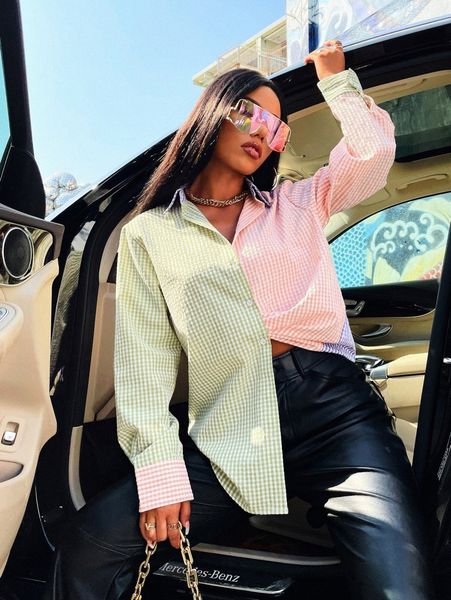 

gingham color block blouse l4fi#, White