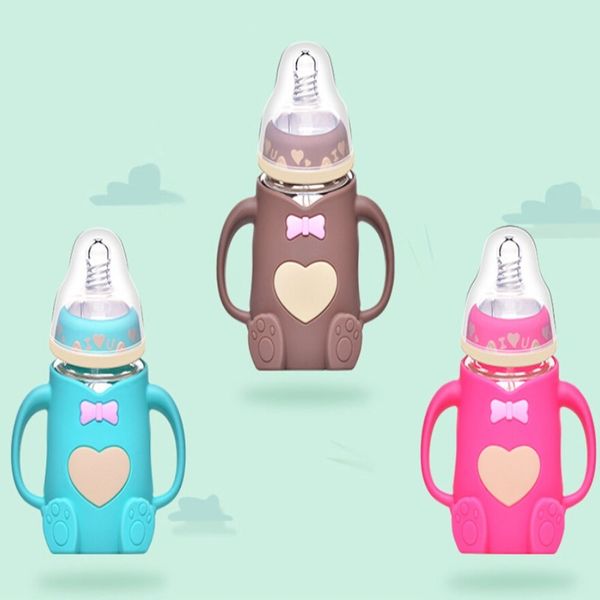 Hot Infant Baby Cute Bottiglia di vetro per l'alimentazione del latte in silicone sicuro con manico Bocca morbida Neonato Drink Training Biberon LJ200831