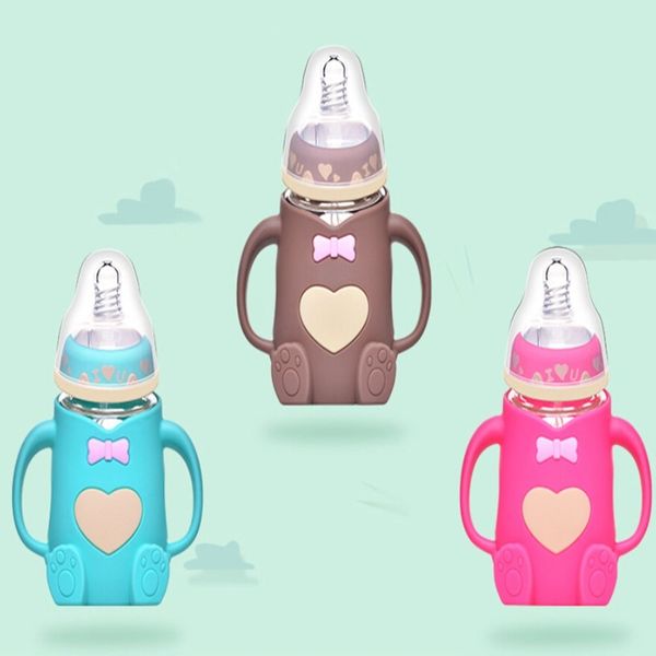 Hot infantil bebê fofo alimentação frasco de vidro seguro frasco de leite de silicone com punho boca macia bebida recém-nascida treinamento de alimentação lj200831