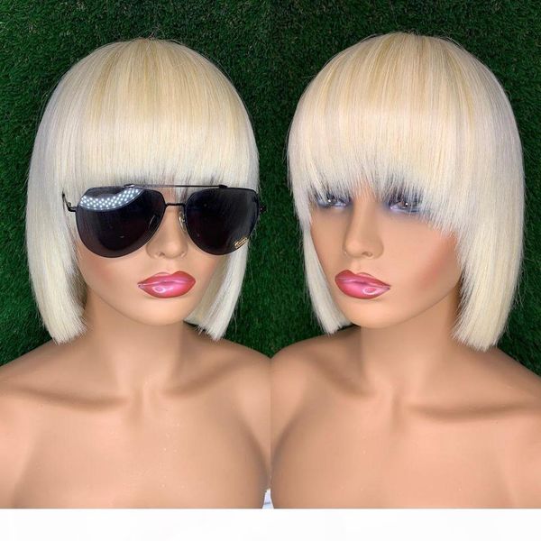

transparent lace front short bob wig 613 blonde colored human hair full wigs straight fringe wig with bangs for black women, Black;brown