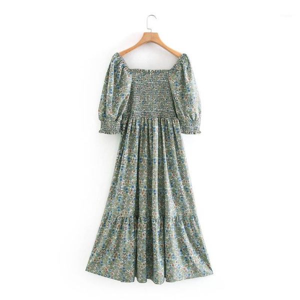 

qz185 summer ladies floral print square neck elastic backpack long dress women stylish dresses clothing1, Black;gray