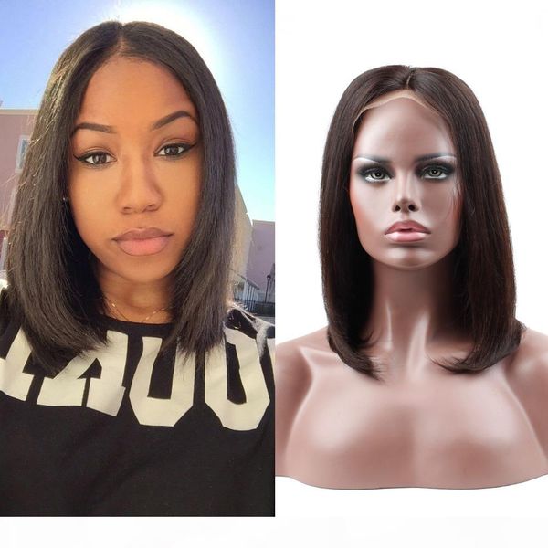 

lace front human hair wigs pre plucked straight full end brazilian remy hair short bob wigs bleached knots, Black