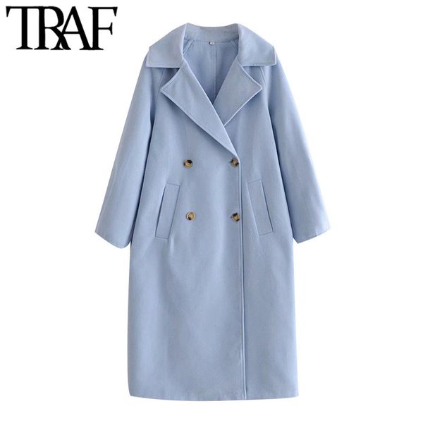 

traf women fashion double breasted loose woolen coat vintage long sleeve side pockets female outerwear chic overcoatx1020, Black