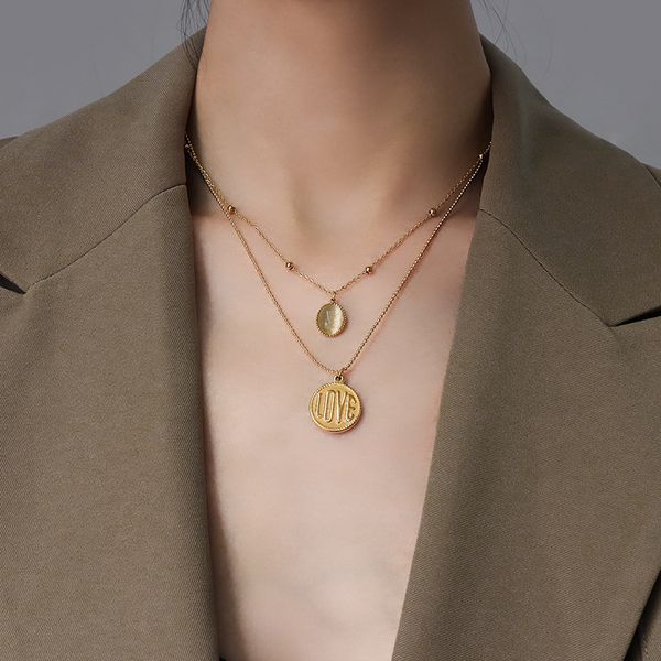 

wind cat's eye english love round brand multi layer stacked necklace women's autumn winter sweater chain titanium steel p838, Silver