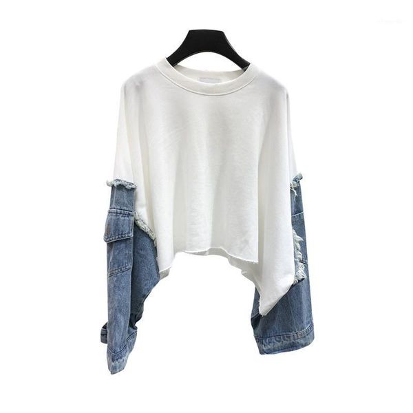 

2020 spring summer new pattern round collar long sleeve denim patchwork pullovers streetwear sweatshirt women large size1, Black