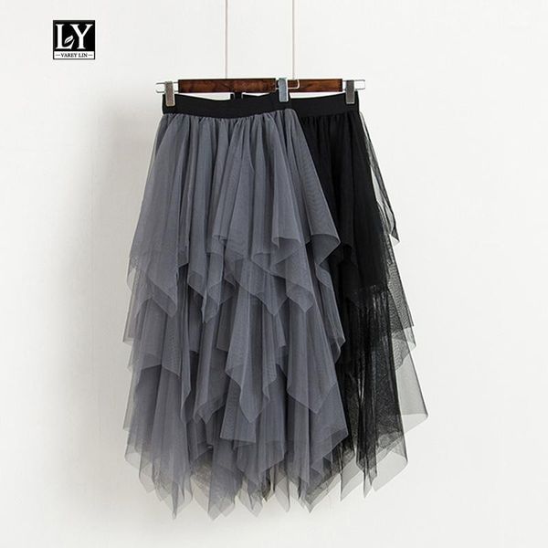 

skirts ly varey lin tulle spring autumn women high waist mesh skirt slim black casual hem asymmetrical pleated knee-length skirt1