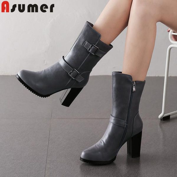 

boots asumer big size 34-43 fashion ankle women round toe zip autumn winter thick high heels ladies prom 2021, Black