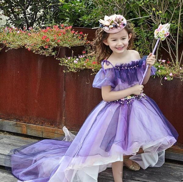 Фиолетовый низкий Sash Цветочница платья Элегантные цветы Красивые Тюль девушки Pageant платья для Birthday Party Evening Wear особый случай