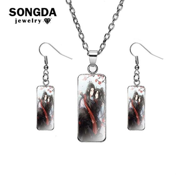 

songda jewelry set the untamed mo dao zu shi dangle earrings & necklaces for women rectangular glass cabochon p pendant gift, Silver