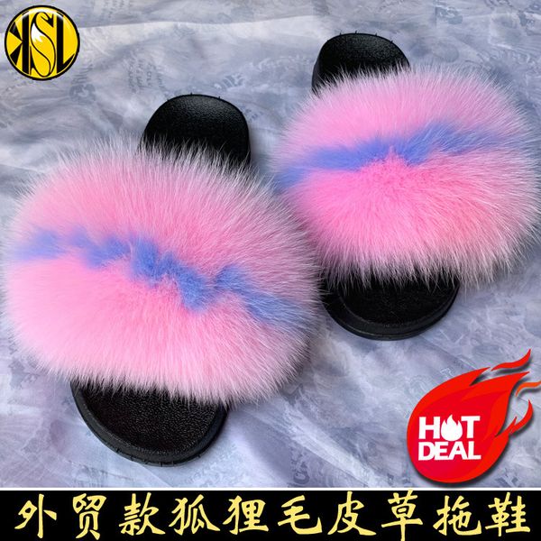 

patchwork fox fur summer wear home sandals wool slippers pvc, Black