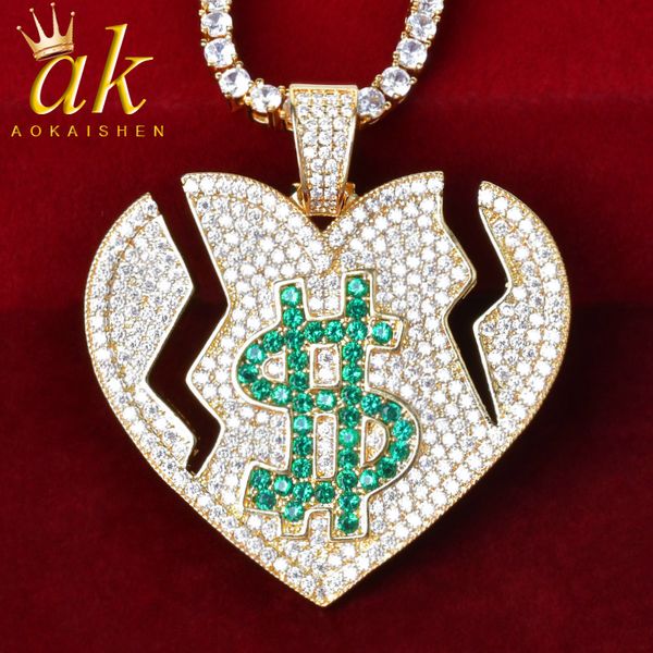 

iced out broken heart dollar symbol love pendant necklace with tennis chain cubic zircon for men& women hip hop rock jewelry q1209, Bronze;silver