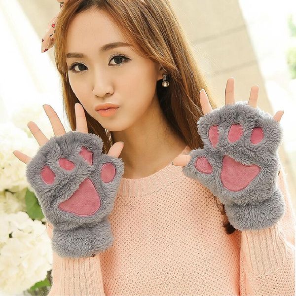

five fingers gloves cat' ladies winter korean cute girls fingerless thick warm bear' plush half-finger fashion, Blue;gray