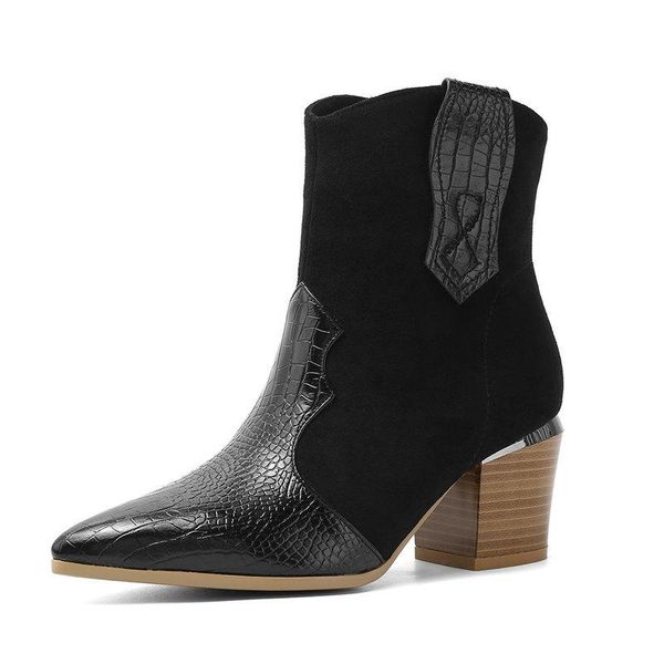 

2020 new fashion ankle boots autumn women boots pu leather square high heel western pointed toe zipper winter shoes, Black