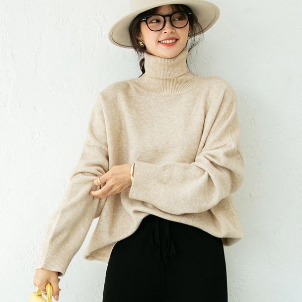 

women's sweaters basic high-neck solid color loose sweater women 2021 autumn and winter korean version of wild thick knit top, White;black