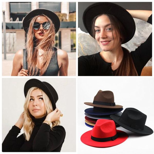 

wide brim hats 2021 vintage winter autumn woolen women hat classic solid color felt fedoras female lady flat jazz cap, Blue;gray