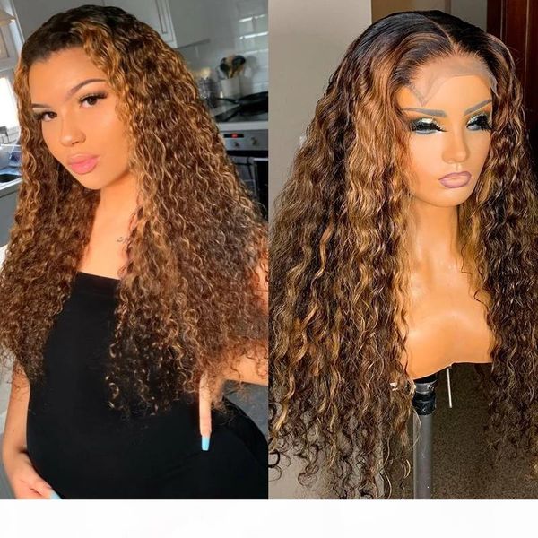 

hd lace ombre brown highlights curly human hair wigs with baby hair pre plucked remy brazilian lace wigs bleached knots, Black;brown
