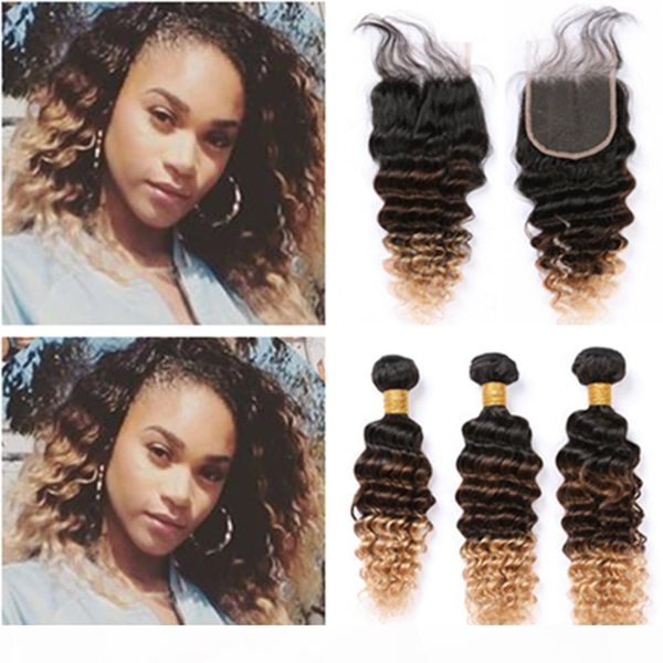 

#1b 4 27 honey blonde ombre brazilian virgin hair weaves with closure deep wave three tone ombre human hair 3bundles with lace closure, Black;brown