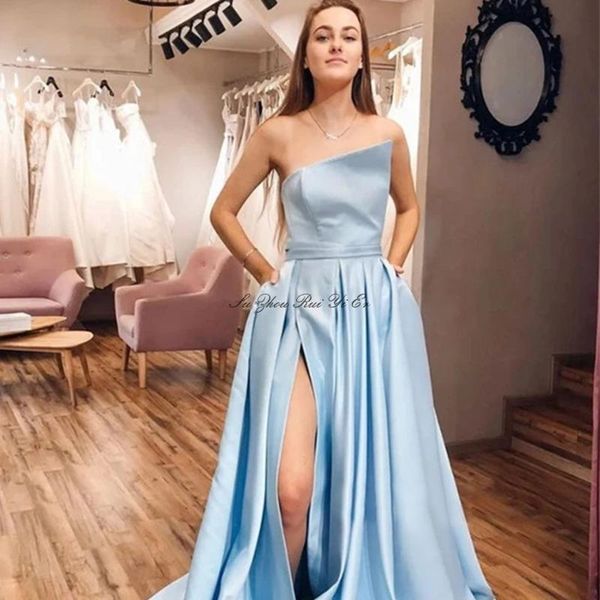 

light blue prom dresses 2020 side slit evening party dresses with pockets lace up back long formal gown vestidos de festa, White;black