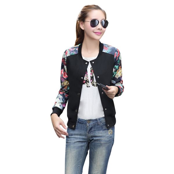 

women jacket female flower print girl outerwear casual baseball sweatshirt button thin bomber long sleeves coat jackets, Black;brown