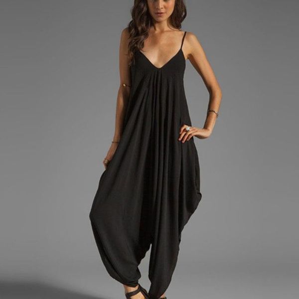 

harem polyester one piece overalls womens jumpsuit playsuits spaghetti strap deep v neck plus big oversize, Black;white