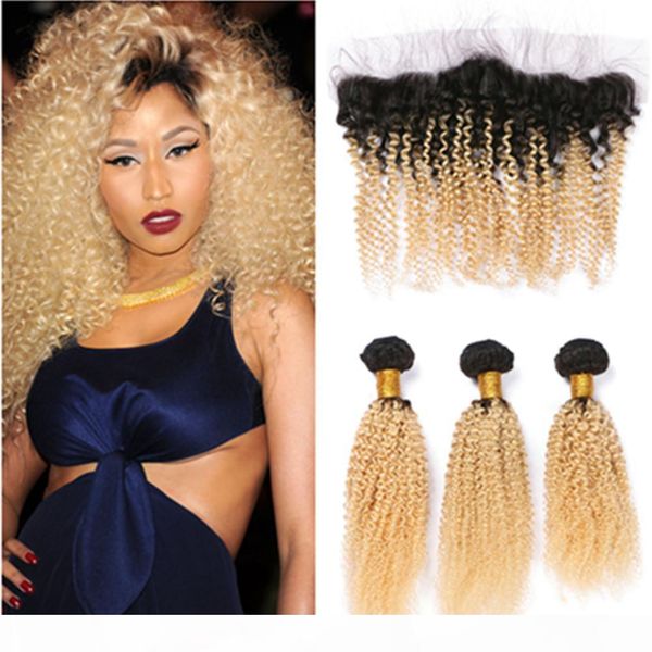 

blonde ombre kinky curly human hair bundles with frontal brazilian kinkys curly #1b 613 ombre weaves human hair 3bundles with lace frontal, Black