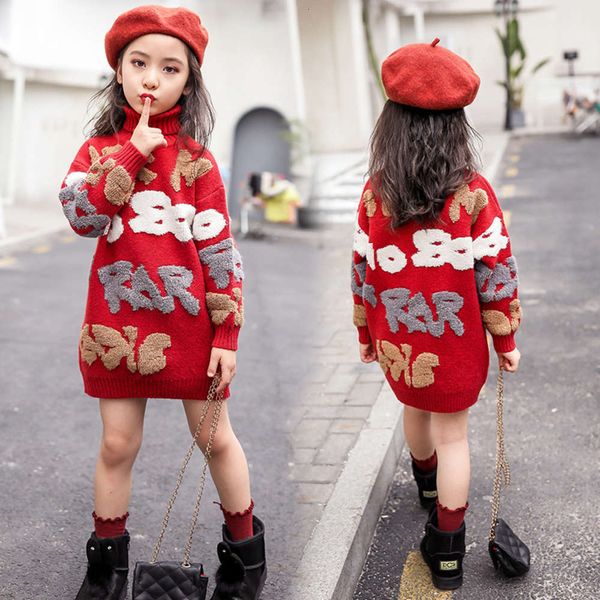 

2020 girls' autumn clothing and winter korean towel embroidered letter medium length sweater middle large children's high collar, Blue