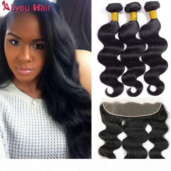 

unprocessed brazilian virgin body wave human hair weave bundles with closure peruvian hair extensions with ear to ear lace frontal closure, Black;brown