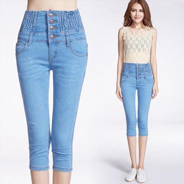 

women summer knee length pants high waist button jeans female tight elasticity small pants korean version cuffs was thin jeans, Blue