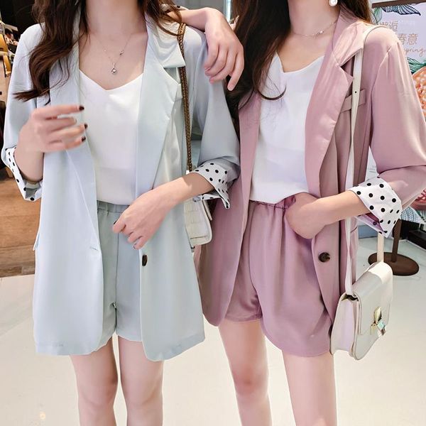 

single button small suit female 2020 spring and summer thin section v-neck long sleeve solid color suit shorts two-piece1, White