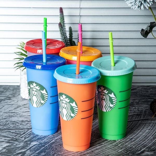 

5pcs/lot starbucks 24oz color change tumbler with straws reusable venti frosted ice cold drink thick plastic cups for coffee cappuccino