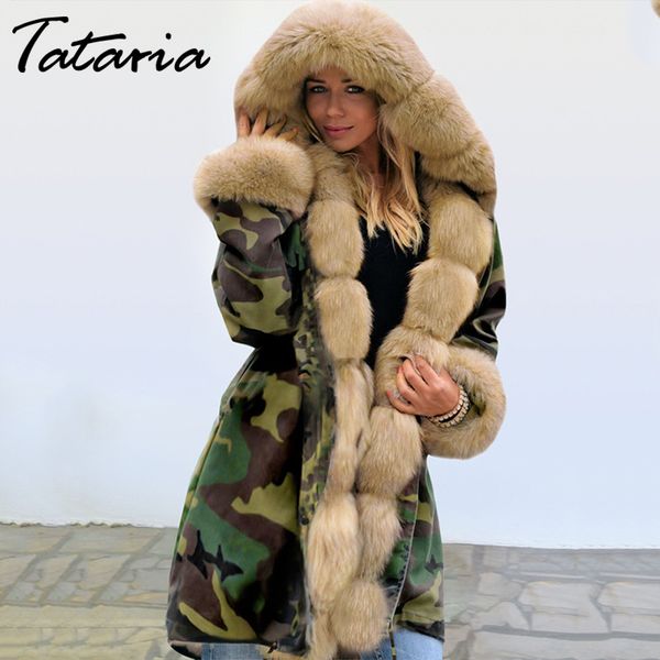

tataria women winter thick warm hooded parka women's military parkas coats hooded fur collar jacket woman faux fur velvet jacket 201201, Black