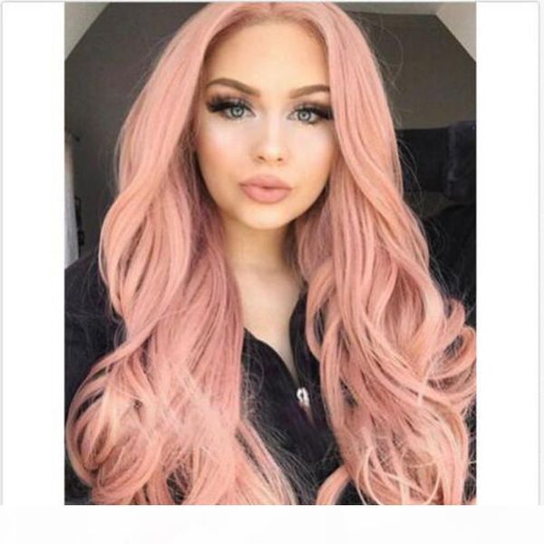 

fashion natural wave hair rose gold color smoke pink heat resistant fiber glueless long wig for womens synthetic lace front wig, Black