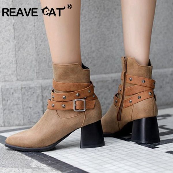 

reave cat большой размер 32-48 ботинки коренастые сапоги женские усеянные ботинки заклепки заклепки застегнутые на молнии на высоком каблуке, Black