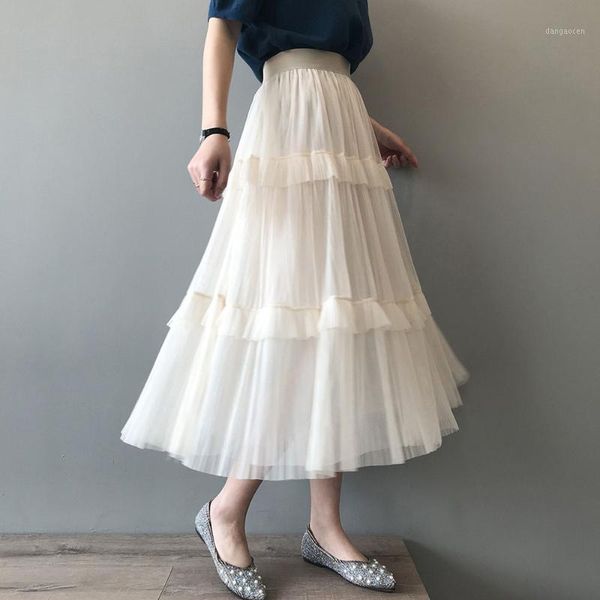 

summer korean japanese girls skirt plain high waist mid-calf sweet mesh date night swing skirt holiday pleated designer1, Black